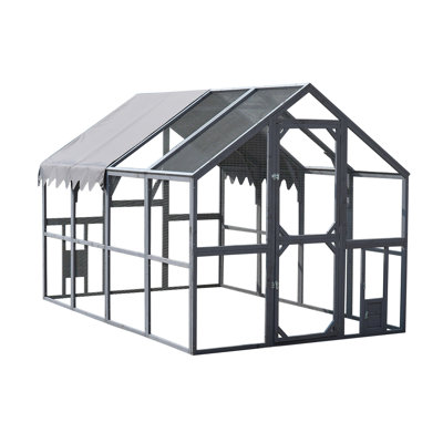 Grey Outdoor Chicken Enclosure 110" With Upgrade Waterproof Cover, Walk - In For Pet Feeding, Two Small Access Doors, Galvanized Mesh Security, 56.54Ft Play Spot Run Removable Roof, Style