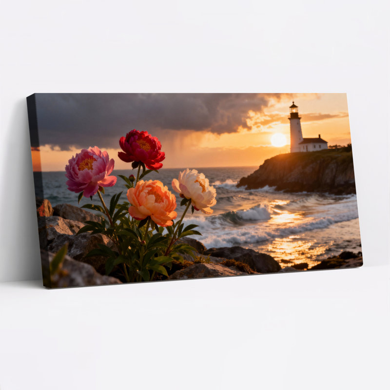 Ensemble de 1 tableau sur toile tendue représentant des pivoines et un phare au coucher du soleil, H 12 po x l 36 po