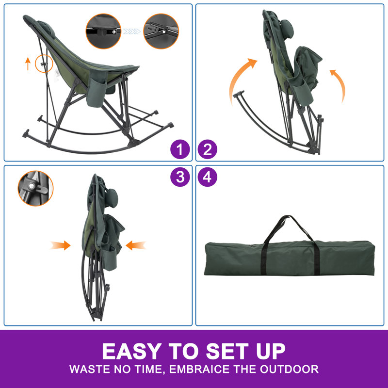 Oversized Camping Rocking Chair With Pillow, Portable Folding Temmo For Adults, Support 350 Lbs, Green