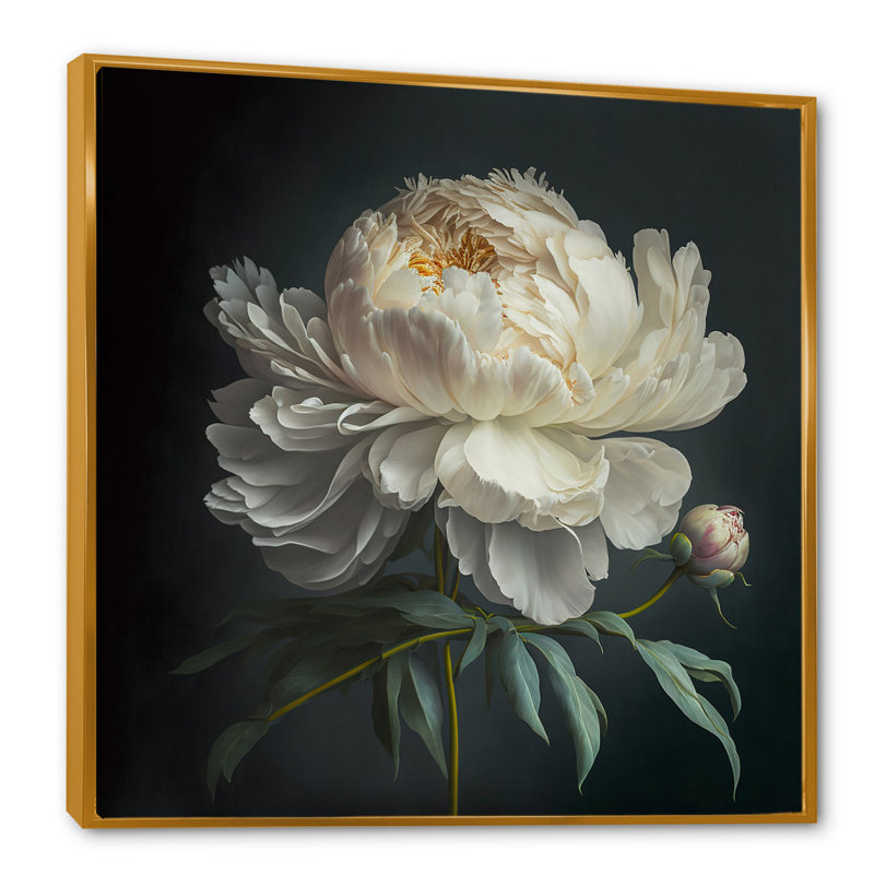 Blooming White Peony V - Art mural pivoine, H 24 po x l 24 po, Toile avec cadre flottant, Doré