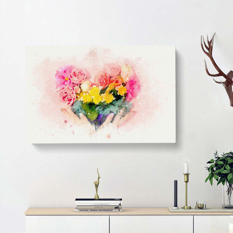 Floral Love Heart In Pink In Abstract - Wrapped Canvas Print, 50cm H x 76cm W x 3cm D