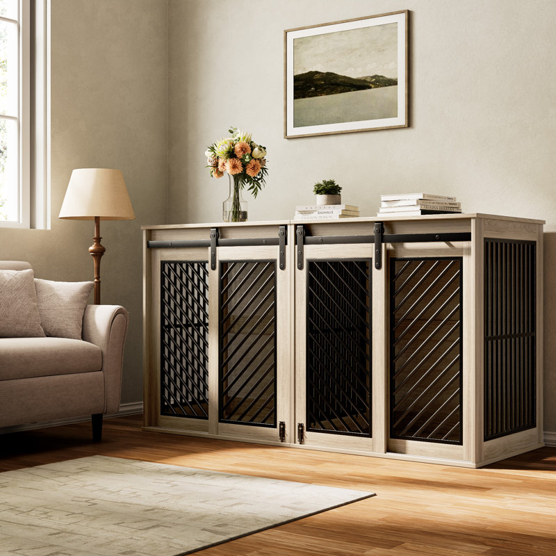 61'' W Dividable Dog Crate Furniture, Oak Ash