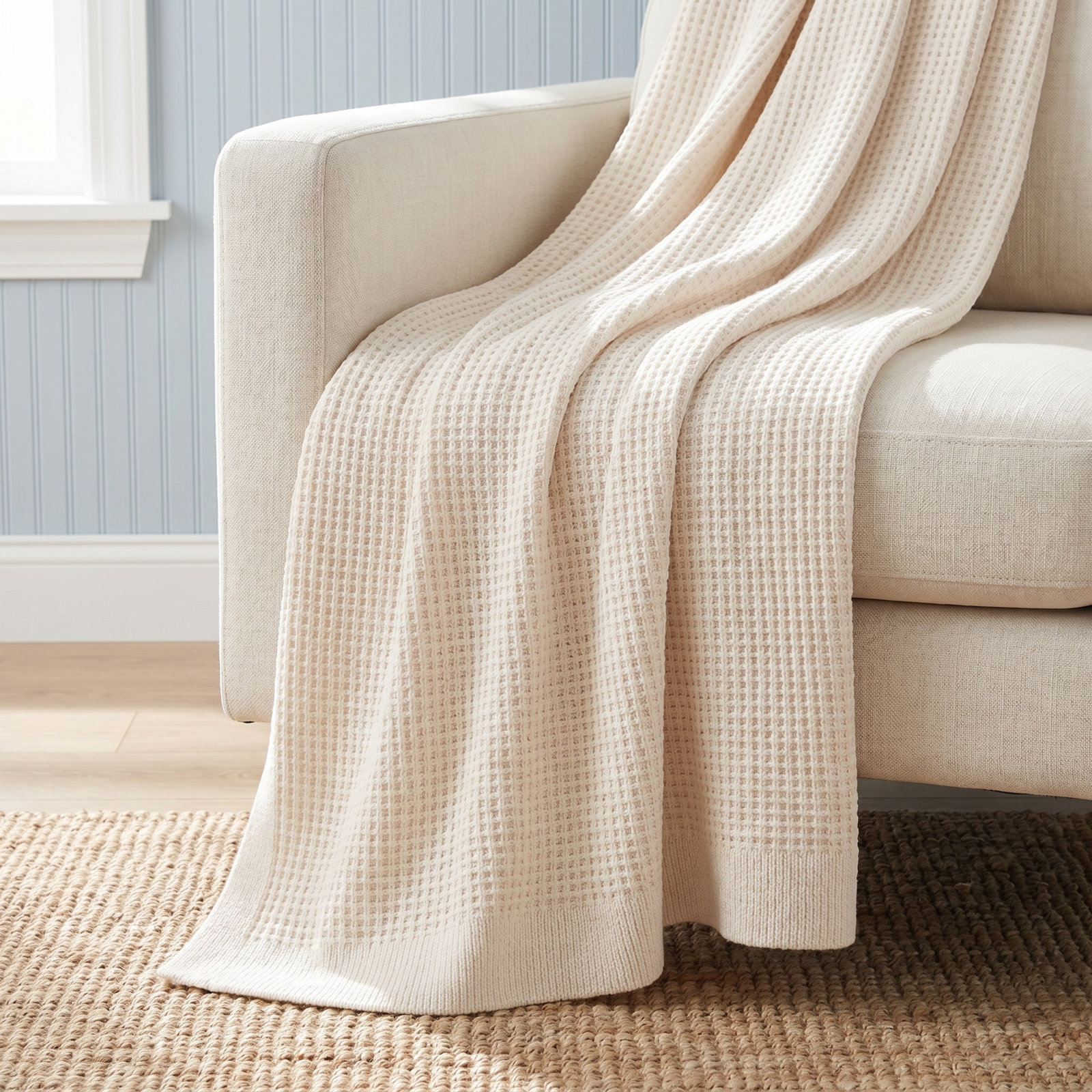 Amor Waffle Knitted Throw Blanket, Cream
