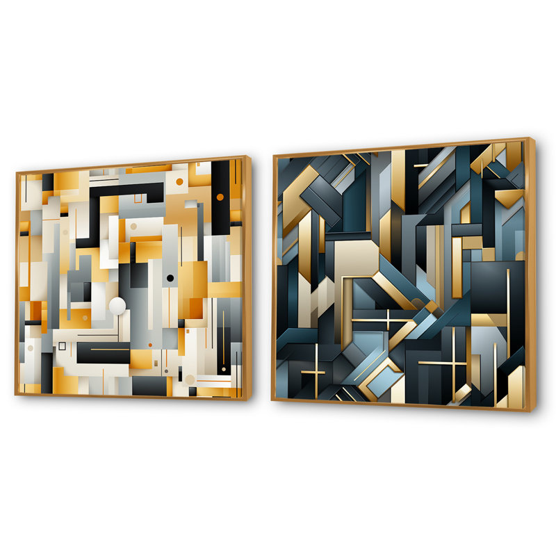Jones - Ensemble de 2 collages carrés à formes abstraites, Cadre flottant doré, H 36 po x l 73 po