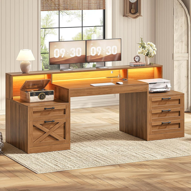  Rachmiel 63" Office Desk with 5 Drawers Modern Executive Desk Farmhouse Computer Desk with LED Lights Brown, Brown