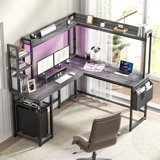 Bianco L-Shaped Desk with Hutch & Power Outlet, Gaming Desk Corner Computer Desk with Led Lights
