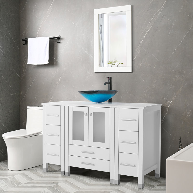 Meuble-lavabo simple 48 po avec plateau en bois Ghazanfar, lavabo vasque, robinet en alliage de zinc, pieds en bois massif
