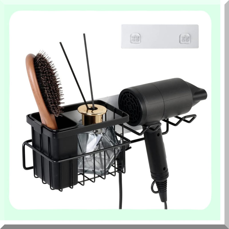 Stainless Steel Hair Dryer Holder & Organizer - Wall Mount Storage Basket with Adhesive Pad for Bathroom, Multi-Application Styling Tool Rack with Hair Brushes