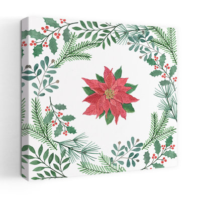 Cadre de Noël Poinsettia, style organique abstrait contemporain, sapin et pin, art mural hivernal