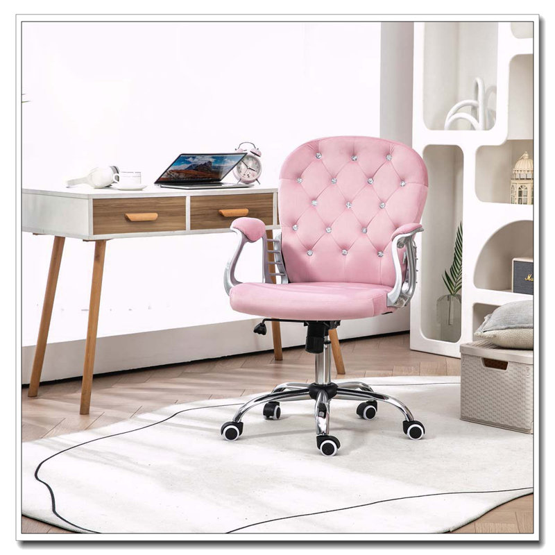 Vinsetto Velvet Home Office Chair,Button Tufted Desk Chair With Padded Armrests,Adjustable Height And Swivel Wheels,Pink