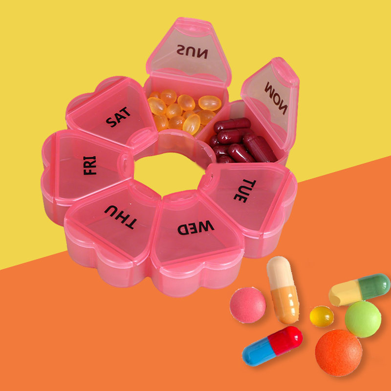 Push Button 7-Day Pill Case Clear Removable Lids, Red