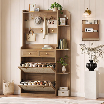Meuble à chaussures de 180 cm (71 po), 4 en 1, moderne, en bois, étroit et mince, avec 2 tiroirs à charnières, 4 étagères réglables, 7 crochets et un rangement dissimulé pour les chaussures dans un corridor ou une entrée.