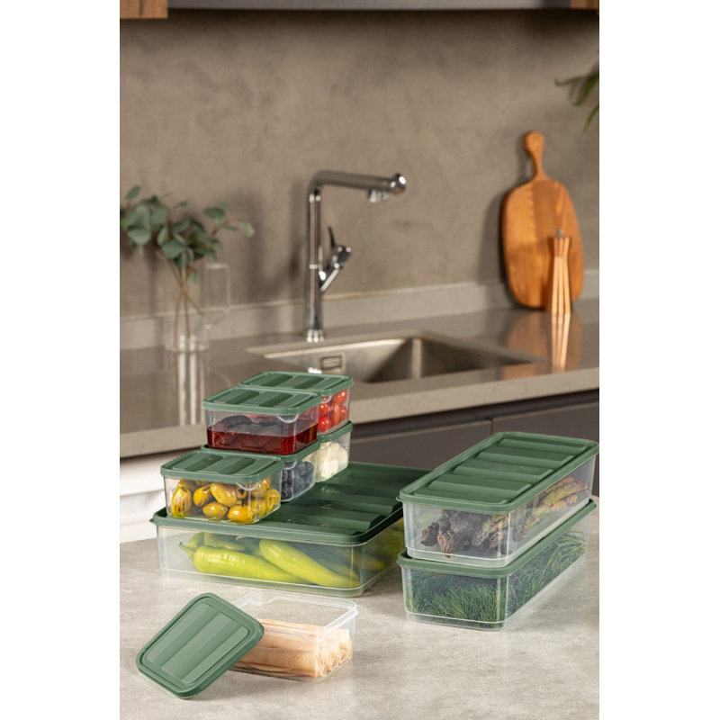 Ensemble de boîtes de rangement polyvalentes 9 pièces, vert, 6,5 x 12 x 2,8 pouces (2 pièces), 9 x 11,6 x 2,4 pouces (1 pièce), 3,5 x 4,1 x 2,2 pouces (6 pièces) | 100% plastique, va au lave-vaisselle, idéal pour organiser les essentiels de cuisine et de maison