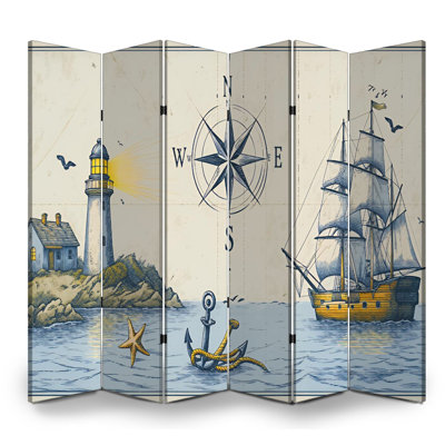 6 Panels Folding Screen Room Divider Royal Retro Compass Sail Boat Ocean Lighthouse Canvas Screen Room Separator Freestanding Protective Wall Divider Privacy Partition Bathroom