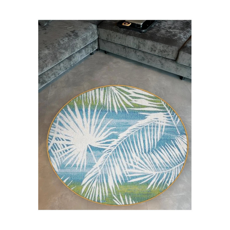 Tropical Leaf Patterned Woven Base Modern Decorative Carpet In Blue Green Tones, Round 2'8"