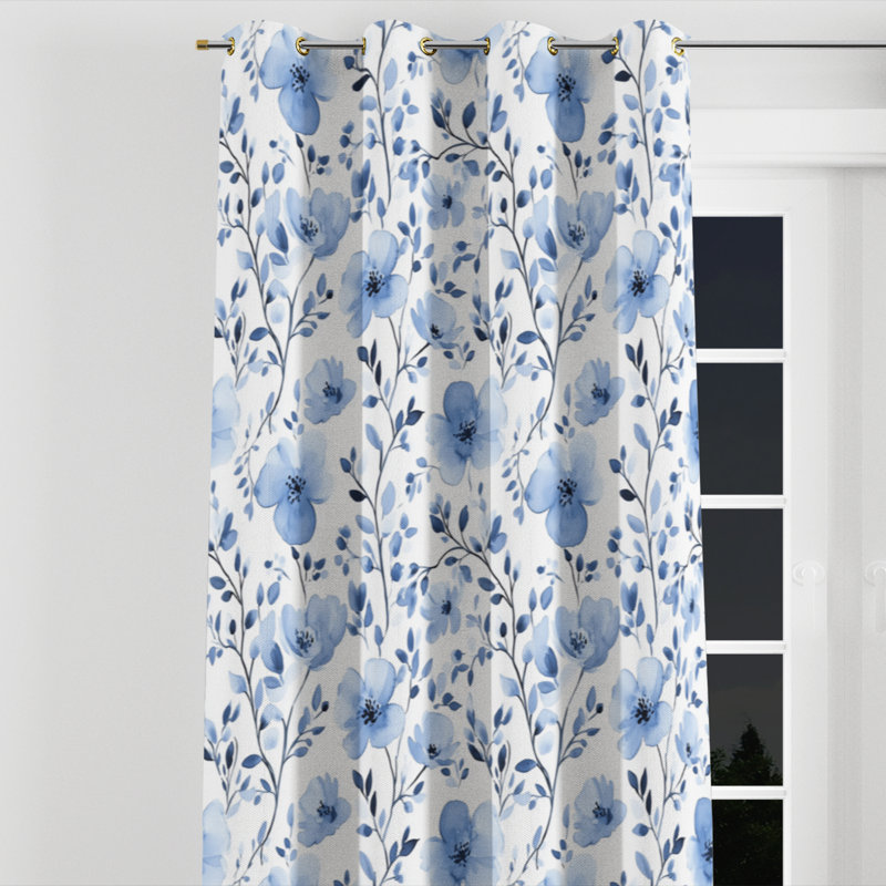Rideaux de fenêtre Coastal - Rideau à œillets à motif floral bleu - 1 panneau, L 52 po x L 108 po, Œillets dorés