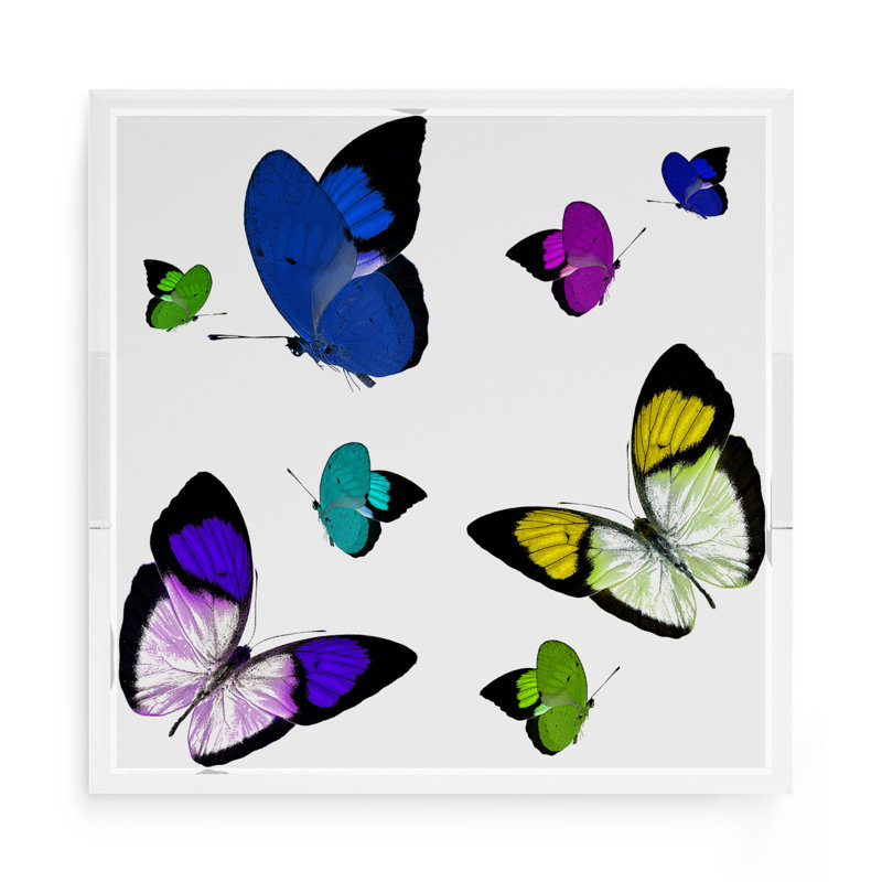 Butterflies Acrylic Square Decorative Tray, Acid Blue, 15" W x 15" D x 2" H