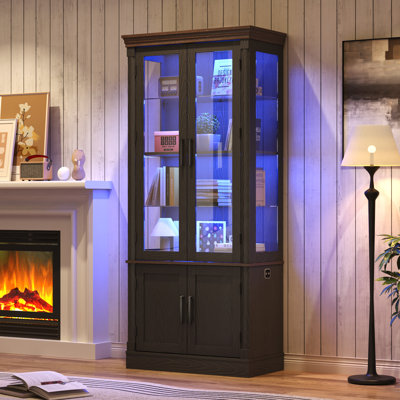 71" Tall Display Cabinet With Glass Doors, 4-Tier Lighted Curio Cabinets With 2 Storage Doors And Metal Handle For Living Room, Home Office, Kitchen