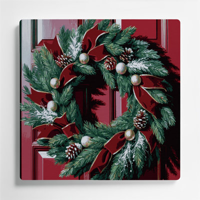 Christmas Christmas wreath on a red door Brown Metal Wall Art