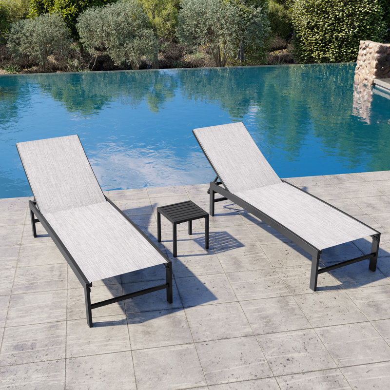 Patio Metal Reclining Chaise Lounge with Side Table, Earth