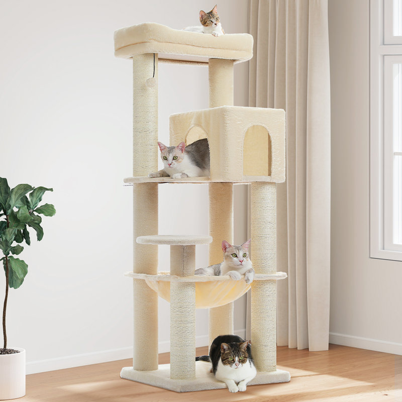 Plush 57.8-Inch Cat Tower Beige, Beige