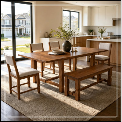 Ensemble de salle à manger 6 pièces avec table extensible avec 2 rallonges amovibles, 4 chaises et 1 banc