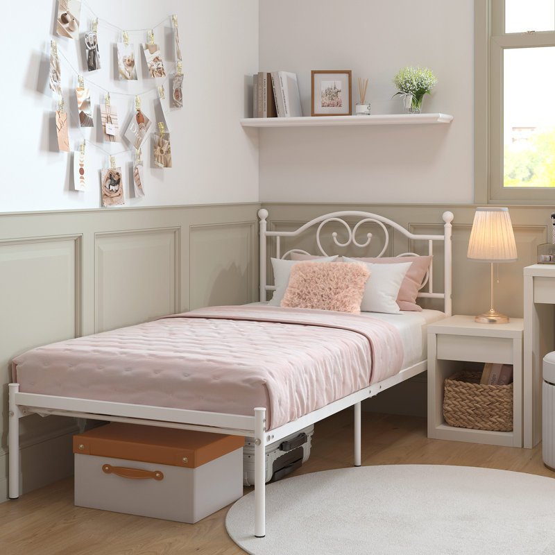 Lit plateforme en métal avec tête de lit, Blanc, Simple