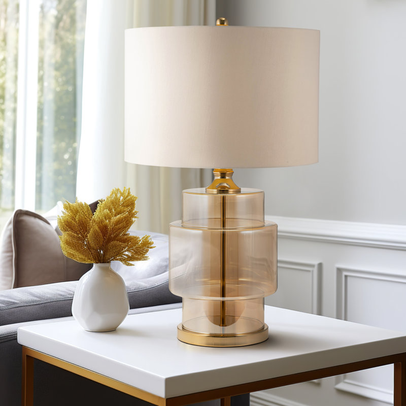 Lampe de table élégante en verre doré 30 po avec abat-jour en velours et base en fer