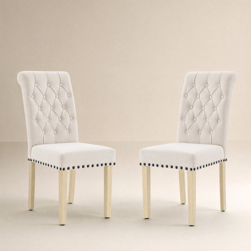 Amby Linen Tufted Upholstered Parsons Dining Chairs with Wood Legs, Beige