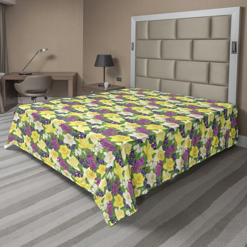 Drap plat moderne de style bohème Ambesonne, Vert lime / motif floral jaune pâle, Drap plat grand