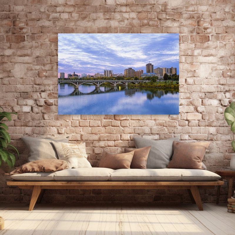Cityscape With Arch Bridge Over River, Saskatoon, Saskatchewan, Canada Contemporary Architecture City Wall Art