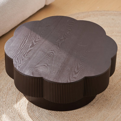 32.25" Flower - Shaped Coffee Table, Natural Wood Grain Veneer, Dark Brown, Storage For Magazines And Coasters, Easy Assembly, Pedestal, Iron Frame Connection Plum Blossom Desktop, Drinks Magazines,