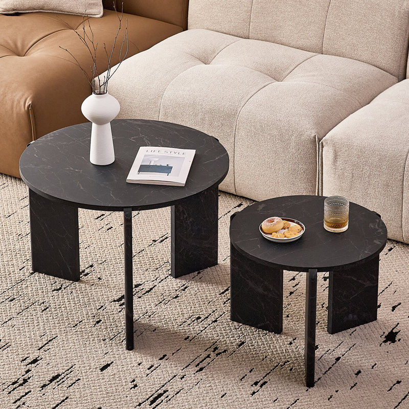 Round Nesting Coffee Tables Set Of 2 For Living Room [Interchangeable Height] Mid Century Modern Circle Side Table For Bedroom, Apartment