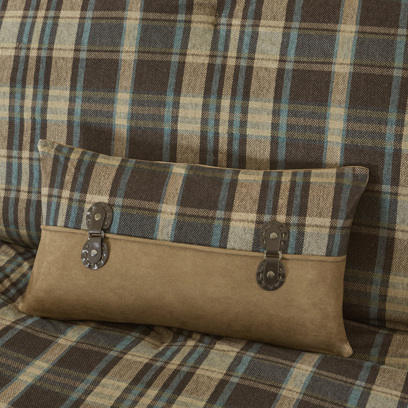 Queen Brown Microfiber Down Alternative Comforter Set with Plaid Design