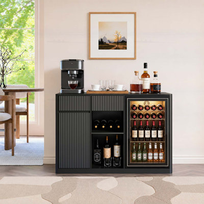 51 Inch Fluted Bar Cabinet with Fridge Space, Modern Coffee Station, Charging Hub, and Wine Glass Rack, Black Buffet Sideboard for Home Beverage Storage