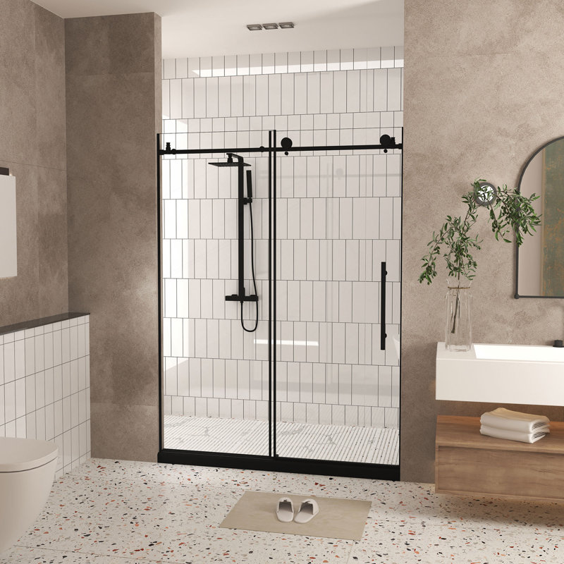 Porte de douche sans cadre l 56 à 60 po x H 76 po, verre trempé transparent de 1/4 po (6 mm), film antidéflagrant, poignée en acier inoxydable