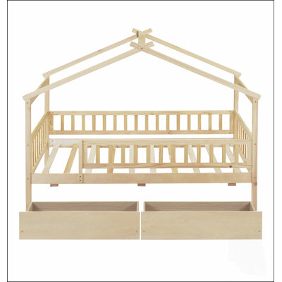 Cabane en bois avec deux tiroirs, construction robuste en pin et toit en forme de ciel fantaisiste pour chambres d'enfants