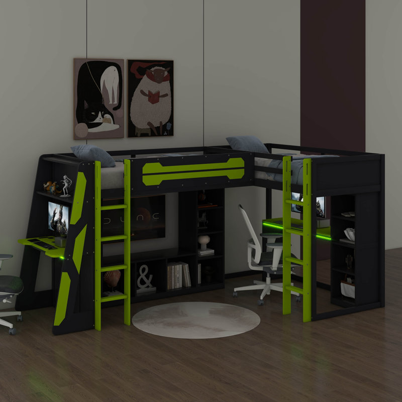 Lit simple en L à hauteur simple avec bureaux intégrés, structure de lit de jeu en bois avec DEL RVB, connecteurs USB, support pour téléviseur et unités de rangement