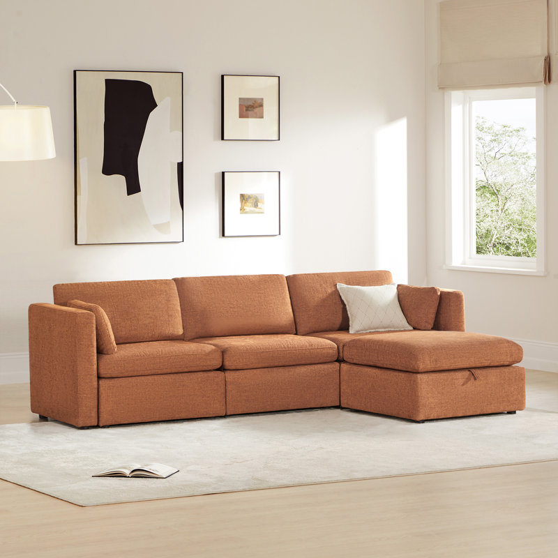 Winfree 112.6" W 4-Piece Modular Sectional with Storage Ottoman , Terracotta Twill