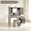 Coiffeuse grise avec miroir et lumières, coiffeuse avec 4 tiroirs, 2 armoires et tabouret-131243323