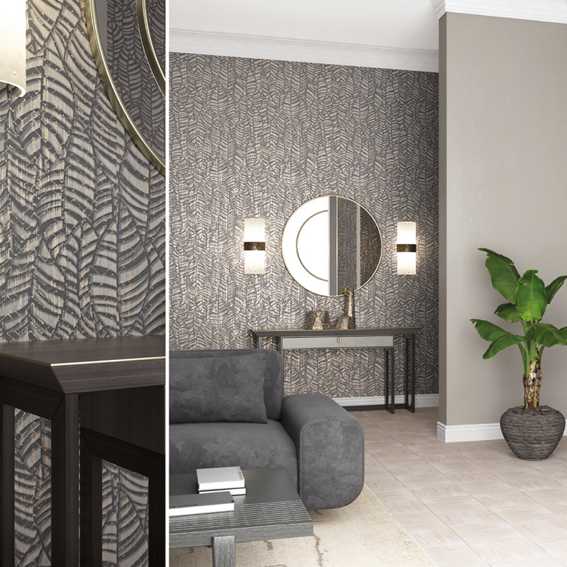 Serene Collection Metallic Botanical Leaves Design 33' L x 21" W Wallpaper Roll, Black/Brown