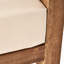 Table basse en bois avec coussins imperméables et lattes ouvertes, table d'extérieur beige brun, coussins résistants aux intempéries