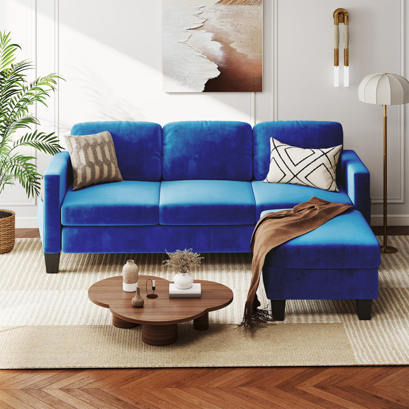 67" Velvet Upholstered Sofa L-Shaped Sofa Modular Sofa With Storage Reversible Ottoman, Blue