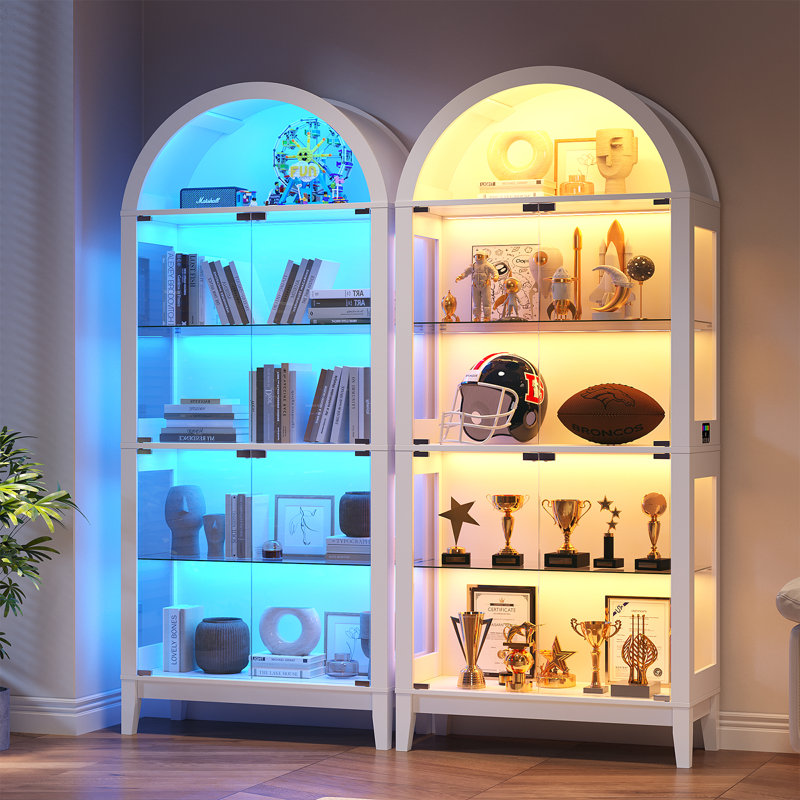 Bibliothèque à 5 tablettes avec verre trempé, vitrine avec lumière RVB et capteur de mouvement, Blanc