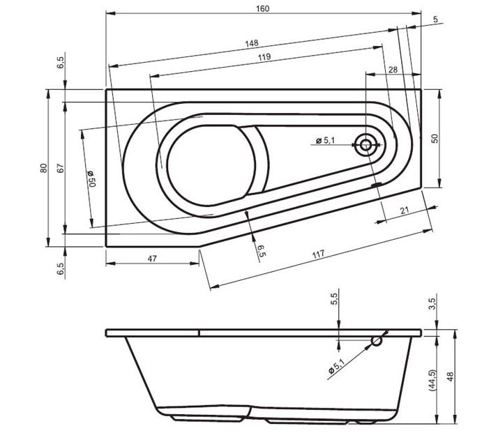 x 1350mm Soaking Acrylic Bathtub, 75cm H x 170cm L x 135cm D