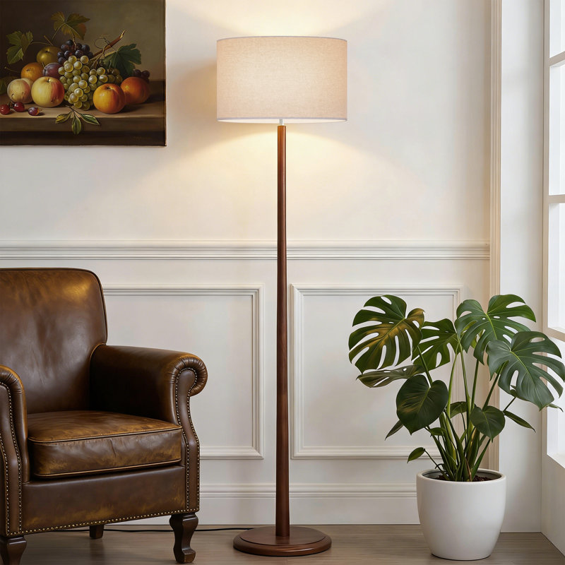 61 In. Nordic Solid Wood Floor Lamp with Linen Drum Shade, Walnut Finish, Foot Step Switch, E26 Socket, UL Certified, for Living Room, Bedroom and Study Room