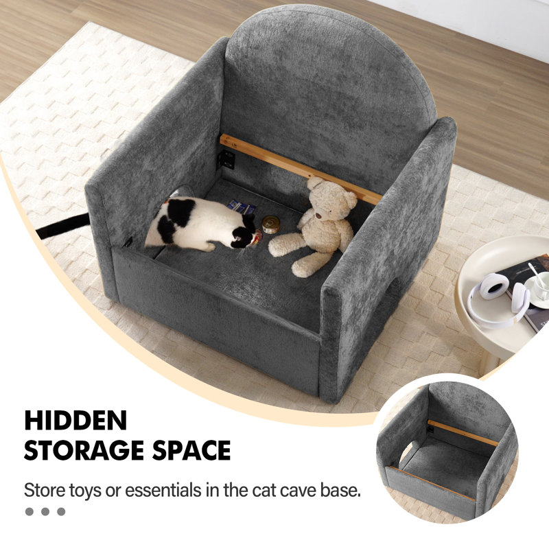  Fauteuil d'appoint 2-en-1 Cat Cave, fauteuil en chenille confortable pour salon, canapé adapté aux animaux de compagnie, gris