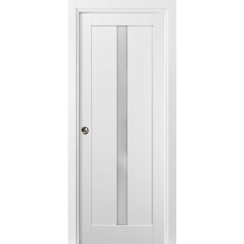 Porte blanche en verre givré Quadro avec trousse de quincaillerie d'installation, 24 po x 96 po