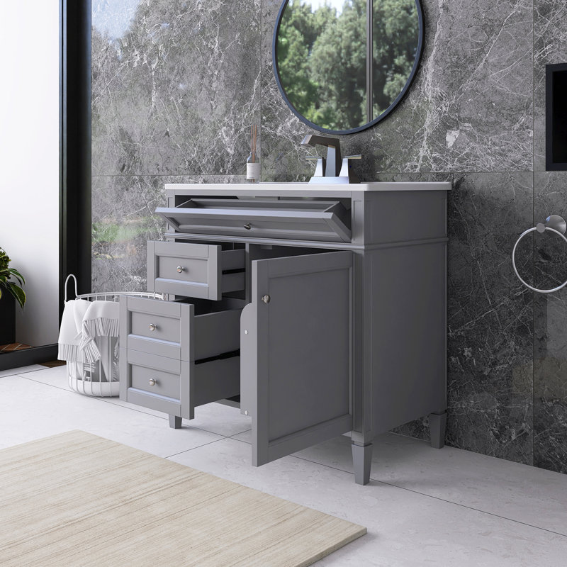 36'' Freestanding Single Sink Bathroom Vanity with Ceramic Top, Gray