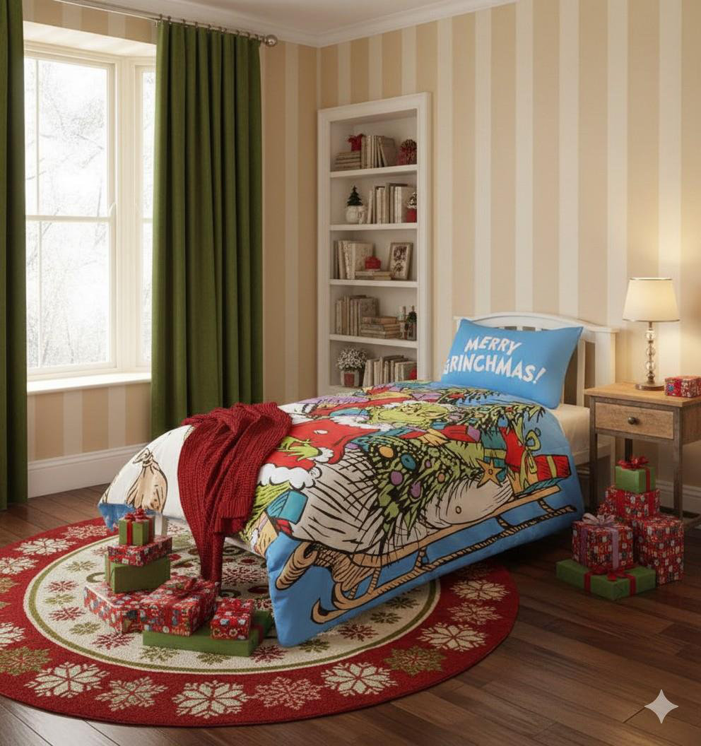 Grinch Sleigh Shaped Blue Christmas Duvet Cover Set Single Bedding Set